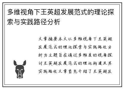 多维视角下王英超发展范式的理论探索与实践路径分析