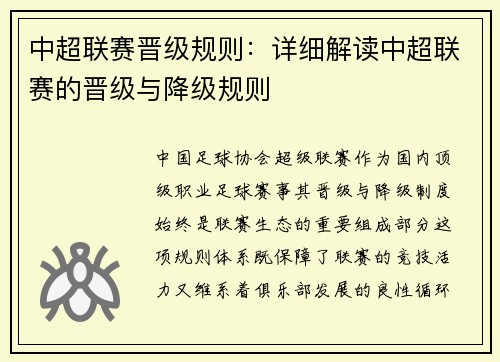 中超联赛晋级规则：详细解读中超联赛的晋级与降级规则